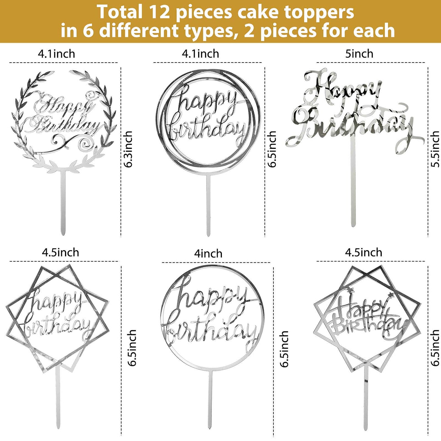 12 Pieces Acrylic Happy Birthday Cake Topper Glitter Birthday Cupcake Topper Pick Decorations for Birthday Party Cake Desserts Pastries, 6 Styles