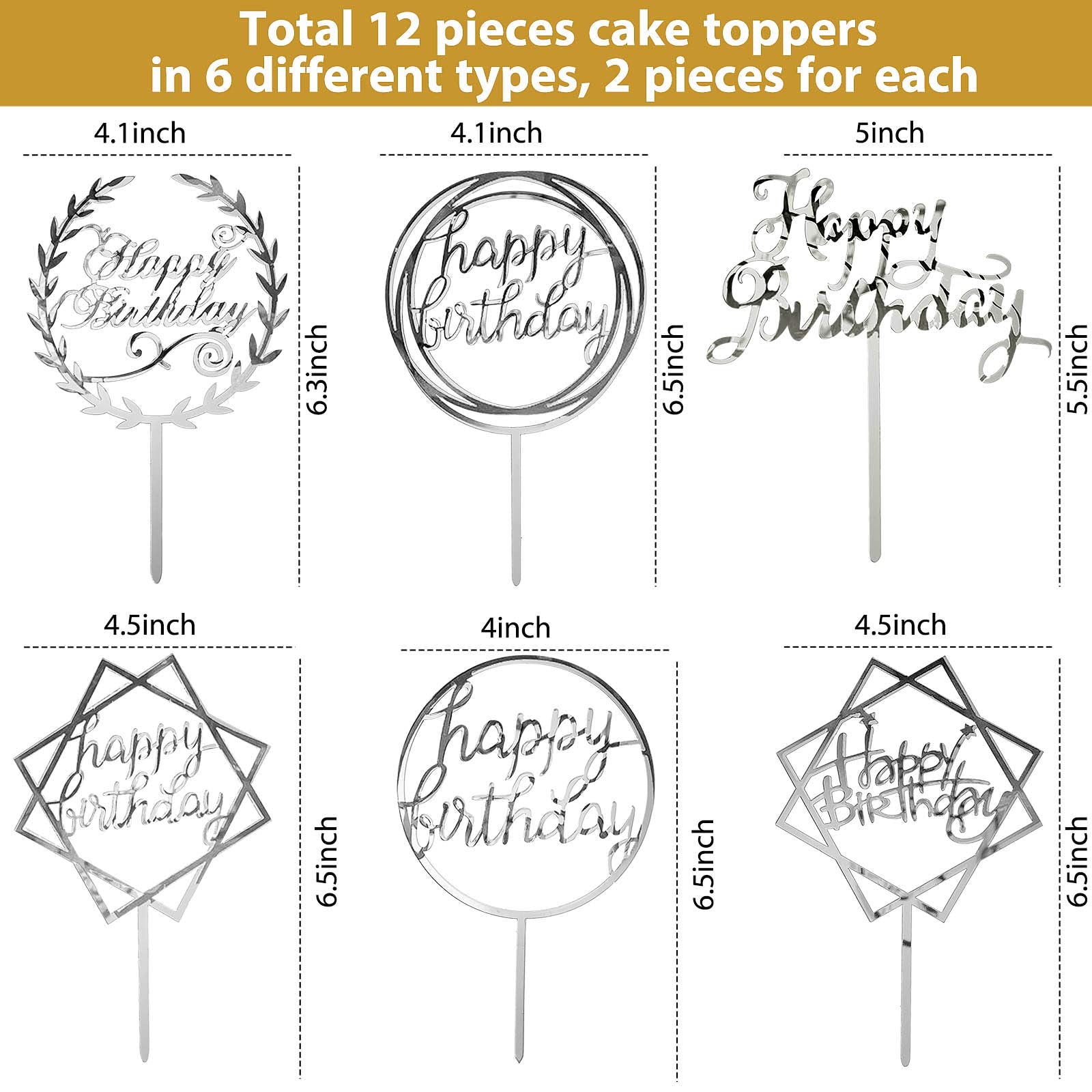 12 Pieces Acrylic Happy Birthday Cake Topper Glitter Birthday Cupcake Topper Pick Decorations for Birthday Party Cake Desserts Pastries, 6 Styles