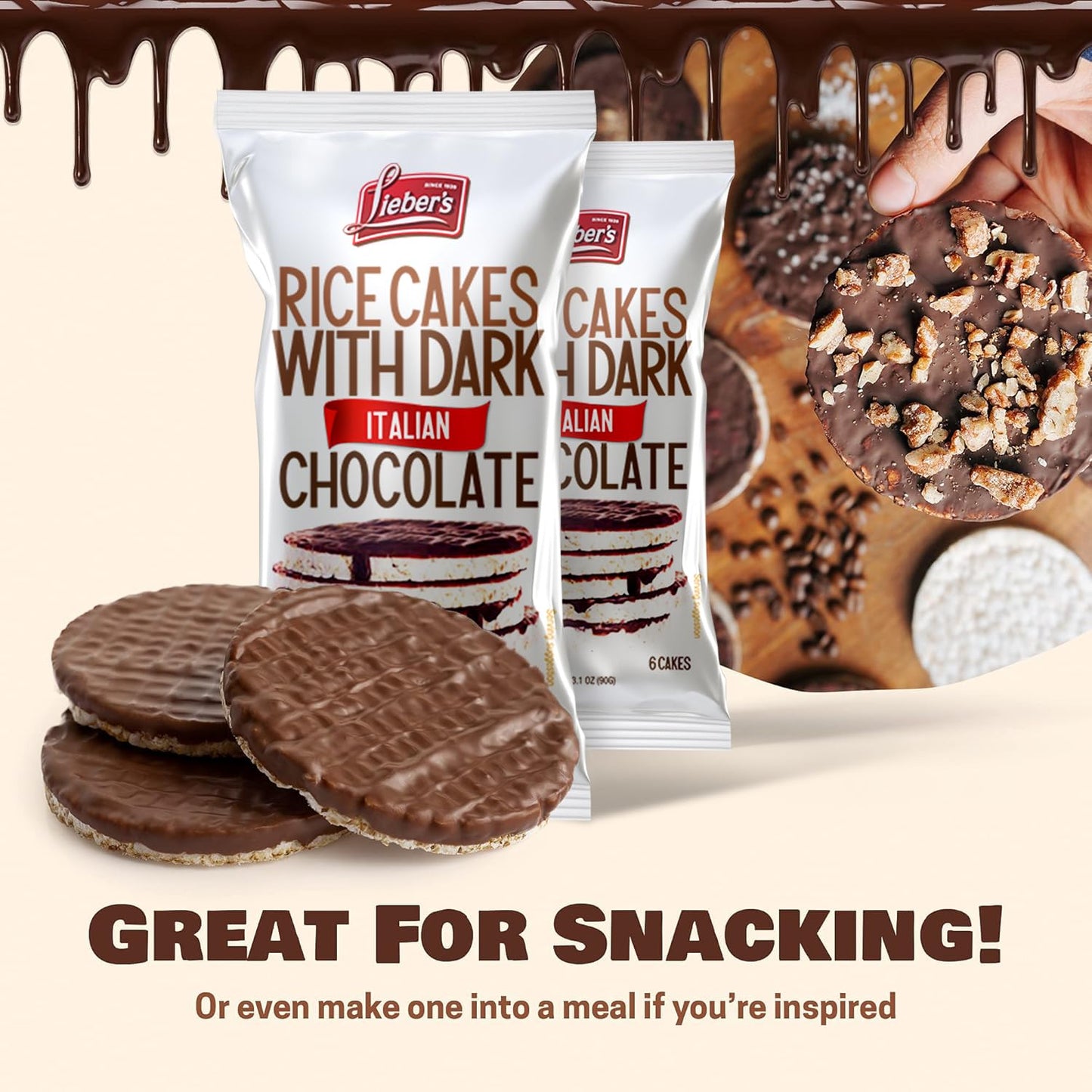 LIEBERS Dark Chocolate Rice Cakes, Kosher Certified Dairy Free, Gluten Free Snack (Dark Italian Chocolate) Pack Of 3