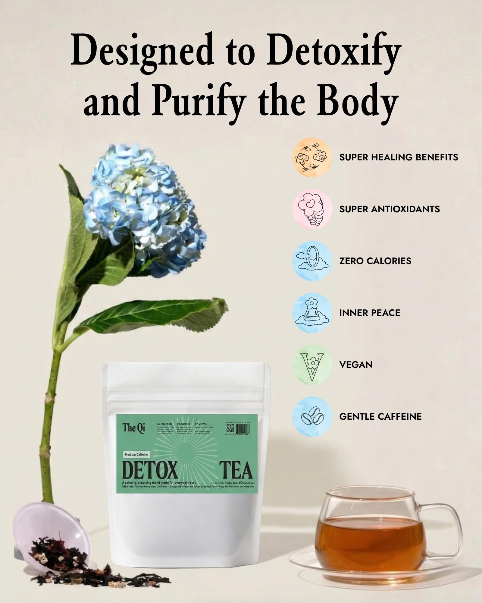 The-Qi Detox Tea Blend - 100% All Natural Dried Flowers & Loose Herbs for Cleanse & Wellness - Oolong Tea, Mulberry & Mint Leaves, Rose Petals