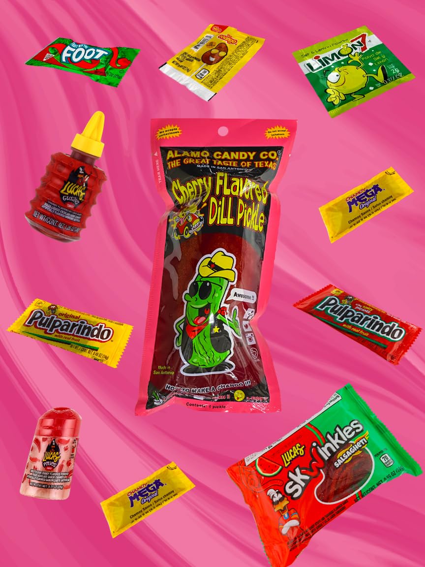Alamo Cherry Pickle Kit, Mexican Candy Mix Ready to make the Famous TikTok Trend, Includes Original Alamo Dill Pickle, Baby Lucas, Lucas Gusano