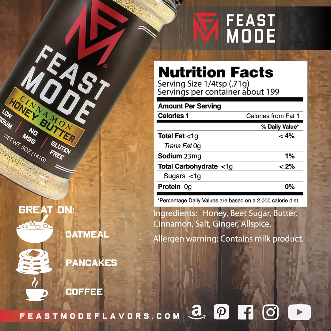 Feast Mode Flavors | Cinnamon Honey Butter Seasoning | Low Sodium No MSG Gluten Free | All Natural Meal Prep Flavoring, Sweet Topper for Breakfast