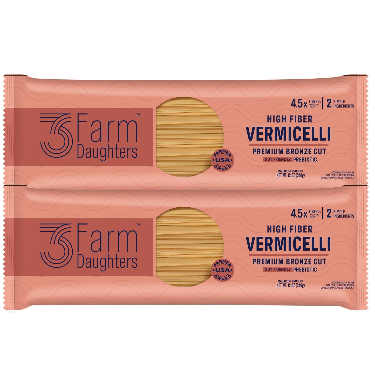 Three Farm Daughters High Fiber Pasta Vermicelli Pack, Irresistible, Low GI, Non GMO Vermicelli Pasta Noodles, Low Net Carb, Made in the USA from Just