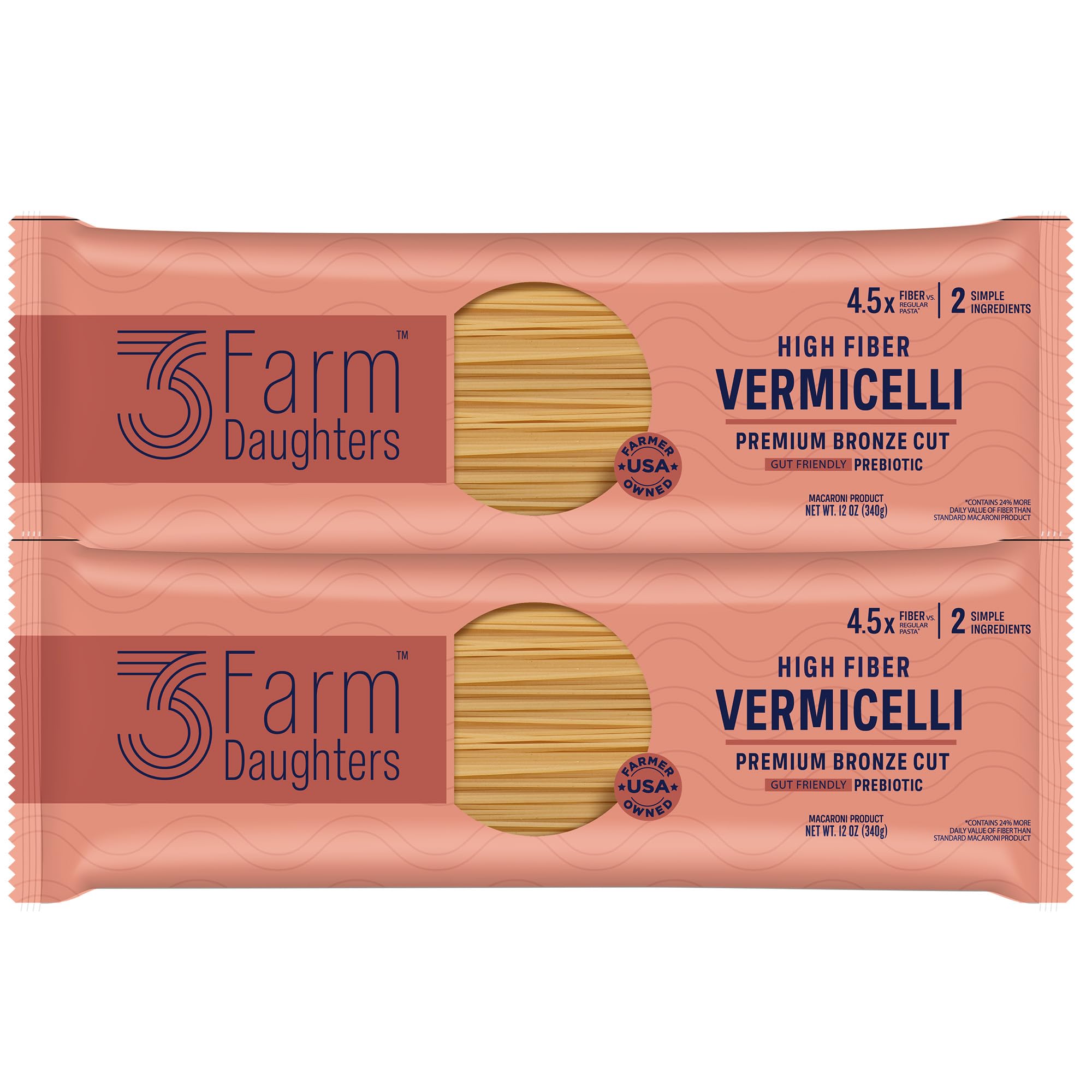 Three Farm Daughters High Fiber Pasta Vermicelli Pack, Irresistible, Low GI, Non GMO Vermicelli Pasta Noodles, Low Net Carb, Made in the USA from Just