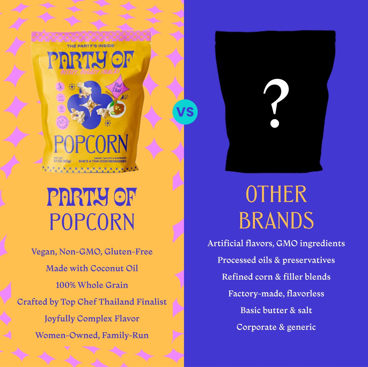 Party of Pad Thai Popcorn - Flavored Gluten-Free Snack Made from Veggie Ingredients, Individually Wrapped, Salted Variety Bags for Sharing, Movie