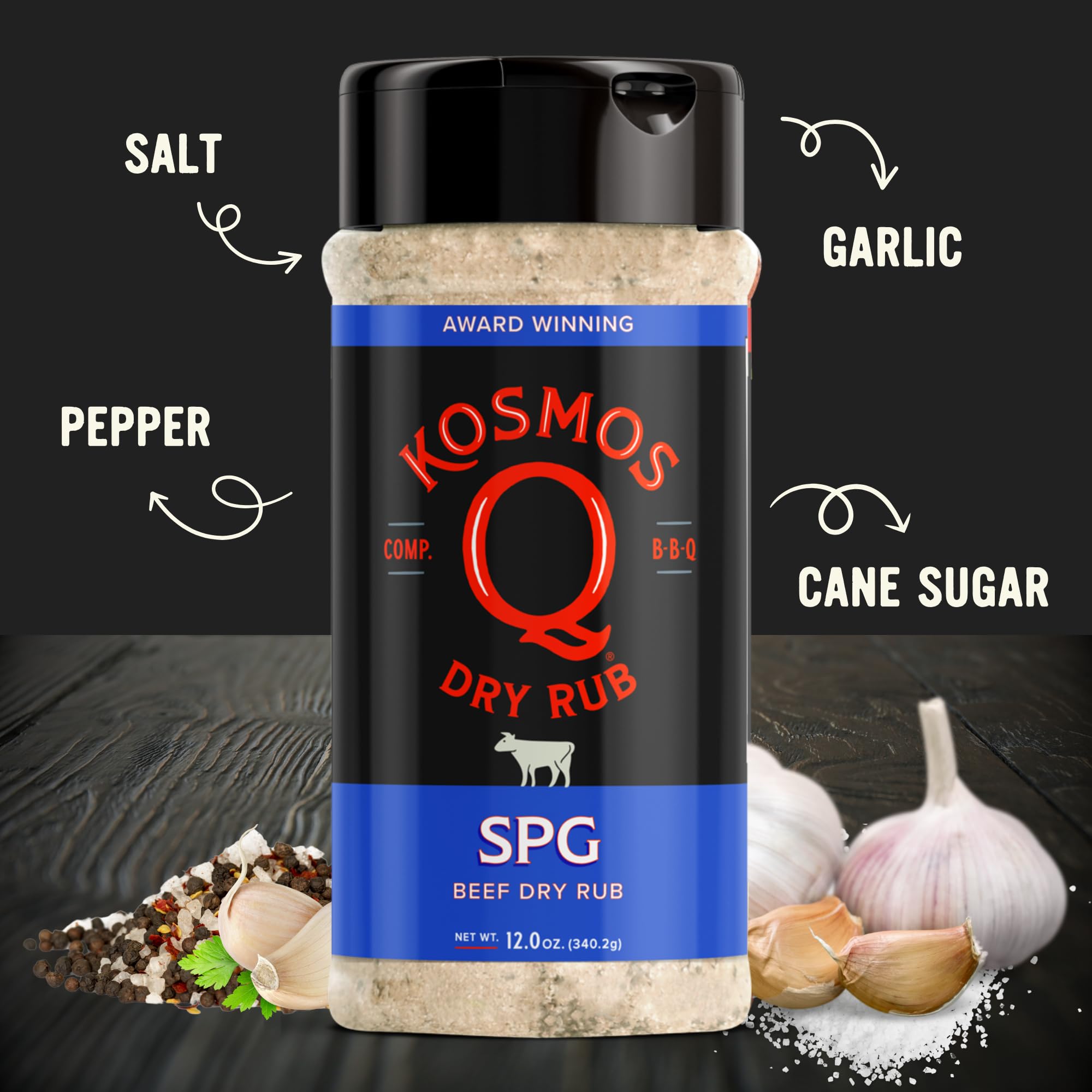 Kosmos Q SPG BBQ Dry Rub, Bold Salt Pepper Garlic Blend with Organic Cane Sugar, BBQ Seasoning for Brisket, Chicken, Steak, Ribs, Pork, Seafood
