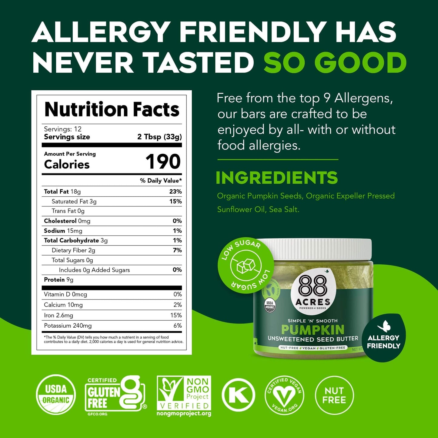 88 Acres Organic Pumpkin Seed Butter, Unsweetened, 14 oz Jar, 2 Pack, Butter Spread with 9g Plant-Based Protein, Gluten Free, Nut Free, Vegan, Non-GMO