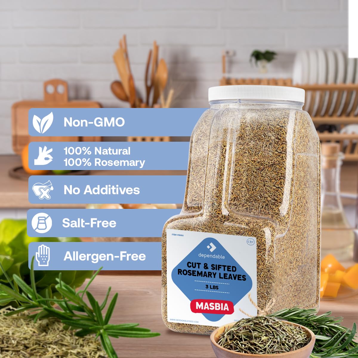 Dependable Food Rosemary Leaves Cut & Sifted - 3 Lb. Jar - Bulk, Kosher, Rosemary Herb for Chefs, Restaurants & Culinary Enthusiasts - Non-GMO