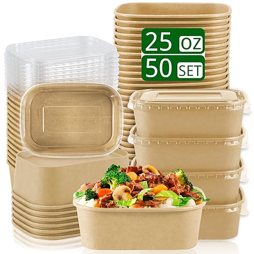 RAIHOMKIT 50Pack Paper Food Containers with Lids, 25oz Disposable Kraft Paper Bowls, Rectangular Cardboard Meal Prep Containers, Take Out Cardboard