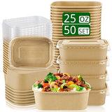 RAIHOMKIT 50Pack Paper Food Containers with Lids, 25oz Disposable Kraft Paper Bowls, Rectangular Cardboard Meal Prep Containers, Take Out Cardboard