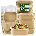 RAIHOMKIT 50Pack Paper Food Containers with Lids, 25oz Disposable Kraft Paper Bowls, Rectangular Cardboard Meal Prep Containers, Take Out Cardboard