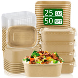 RAIHOMKIT 50Pack Paper Food Containers with Lids, 25oz Disposable Kraft Paper Bowls, Rectangular Cardboard Meal Prep Containers, Take Out Cardboard