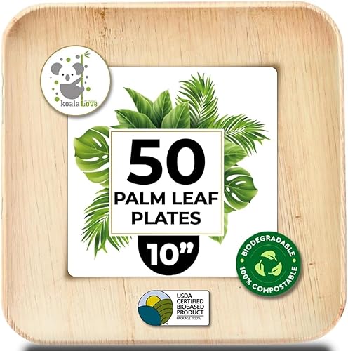 Palm Leaf Plates 10 Inch Bamboo Paper Disposable 50 Bulk Dinner Square Party Plates Event Tableware Eco Biodegradable Compostable Wooden Plate Best