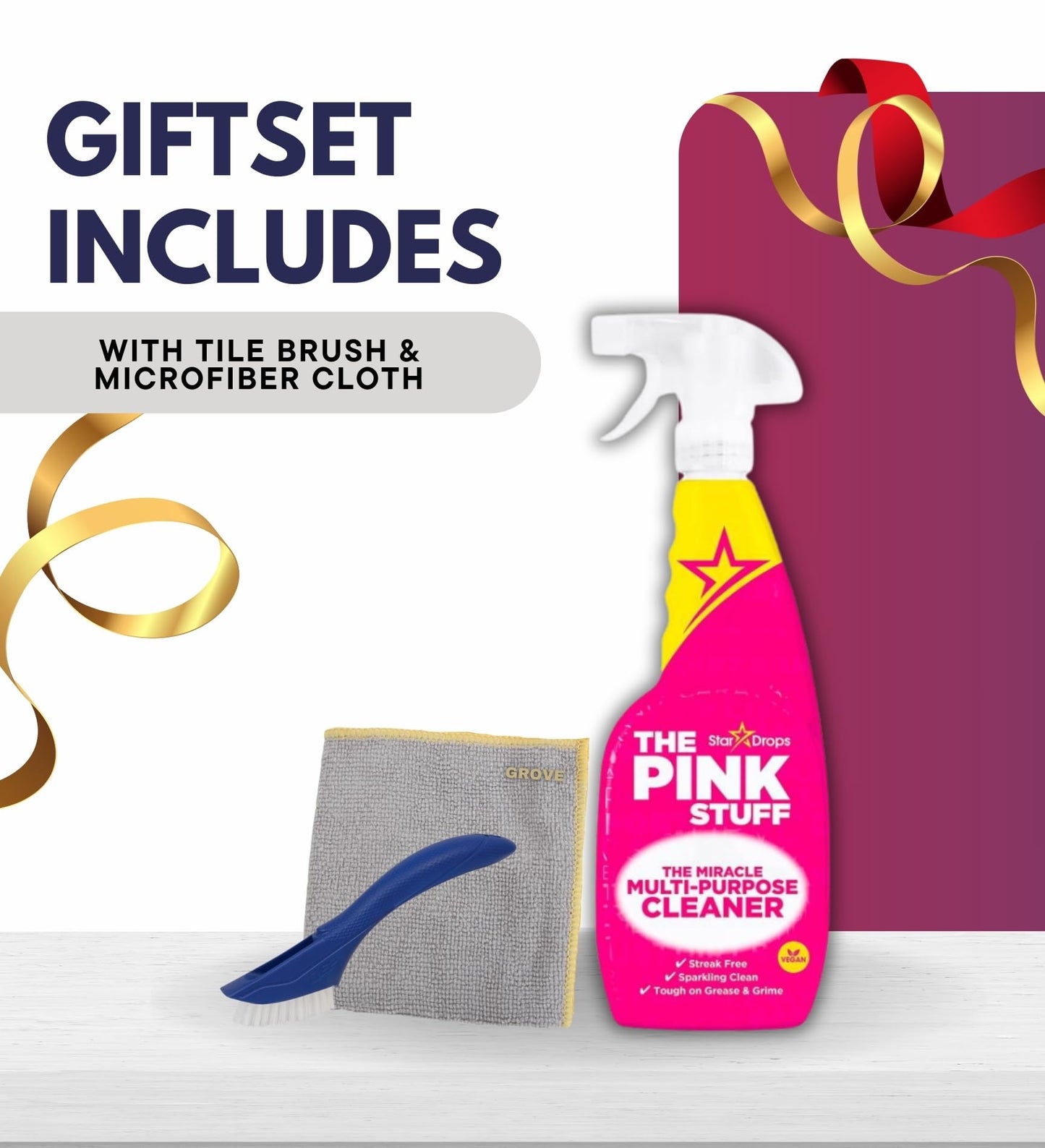 The Pink Stuff Fruity Scent Multi-Purpose Cleaner Spray 25.4 oz Bundle with Microfiber Cloth + Scrub Brush - Natural Cleaner for All Surfaces