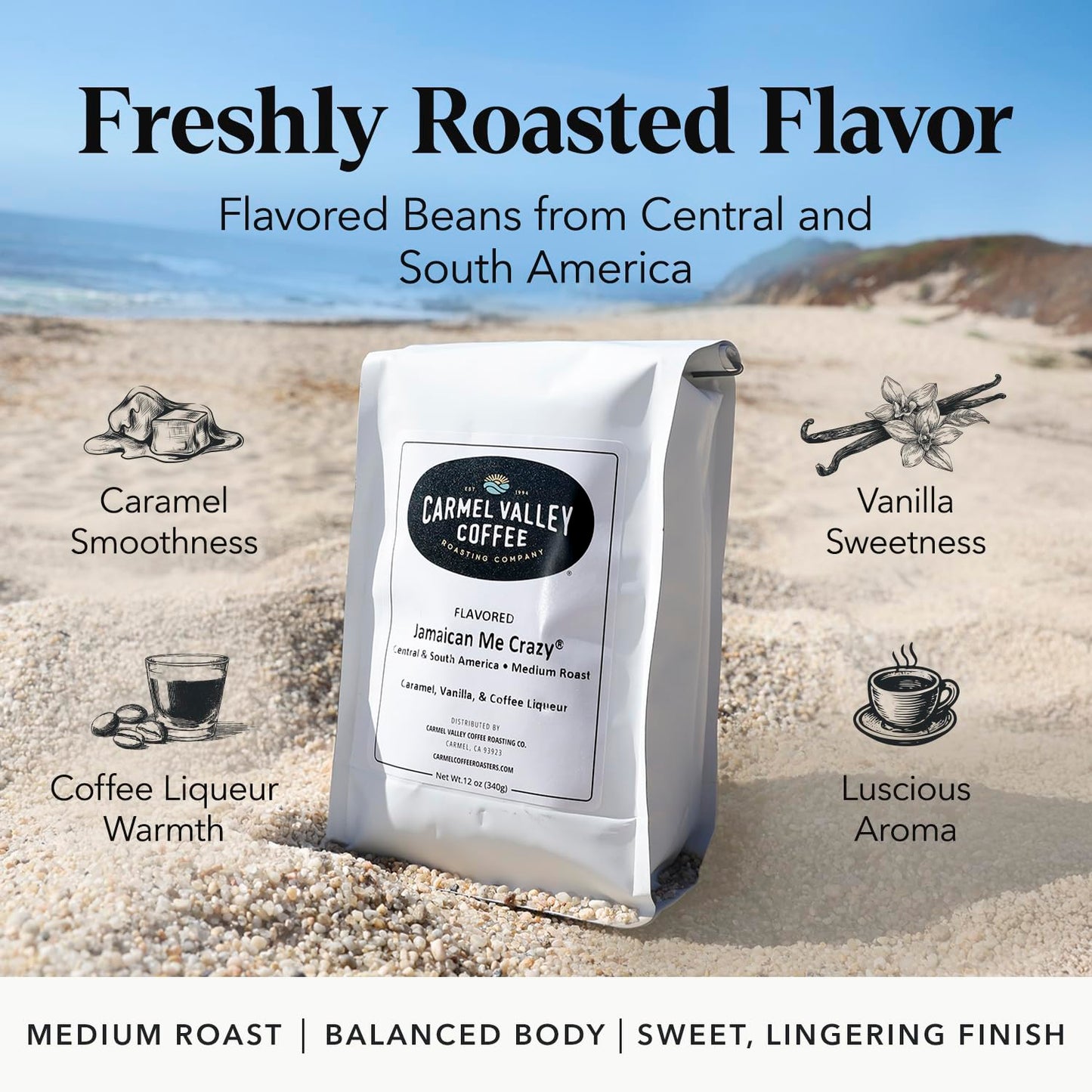 Carmel Valley Coffee Roasting Jamaican Me Crazy® - Medium Roast, Whole Bean, Caramel, Vanilla & Coffee Liqueur Flavored, 12 Ounce Bag (Pack of 1)