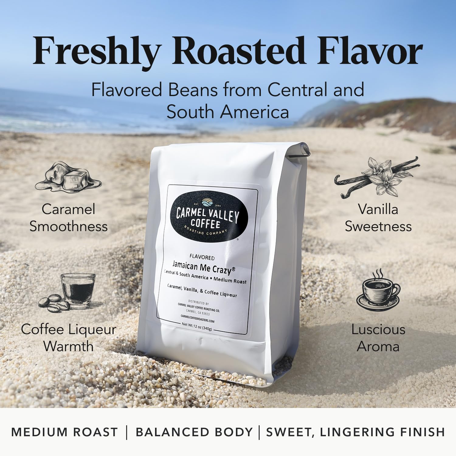 Carmel Valley Coffee Roasting Jamaican Me Crazy® - Medium Roast, Whole Bean, Caramel, Vanilla & Coffee Liqueur Flavored, 12 Ounce Bag (Pack of 1)