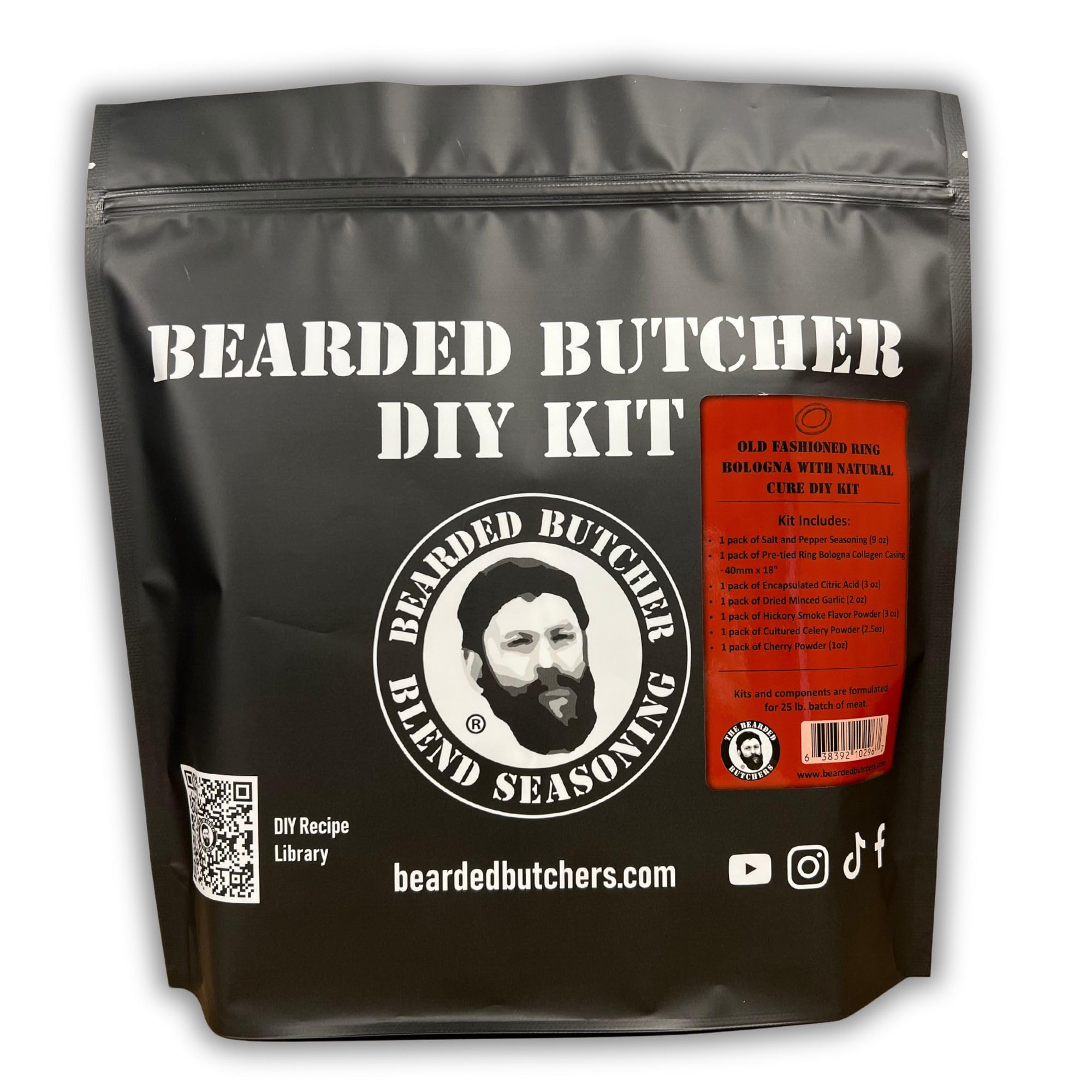 Bearded Butchers Old Fashioned Ring Bologna DIY Kit with Natural Cure - Classic Ring Bologna Flavor - Includes Salt and Pepper, Collagen Casings