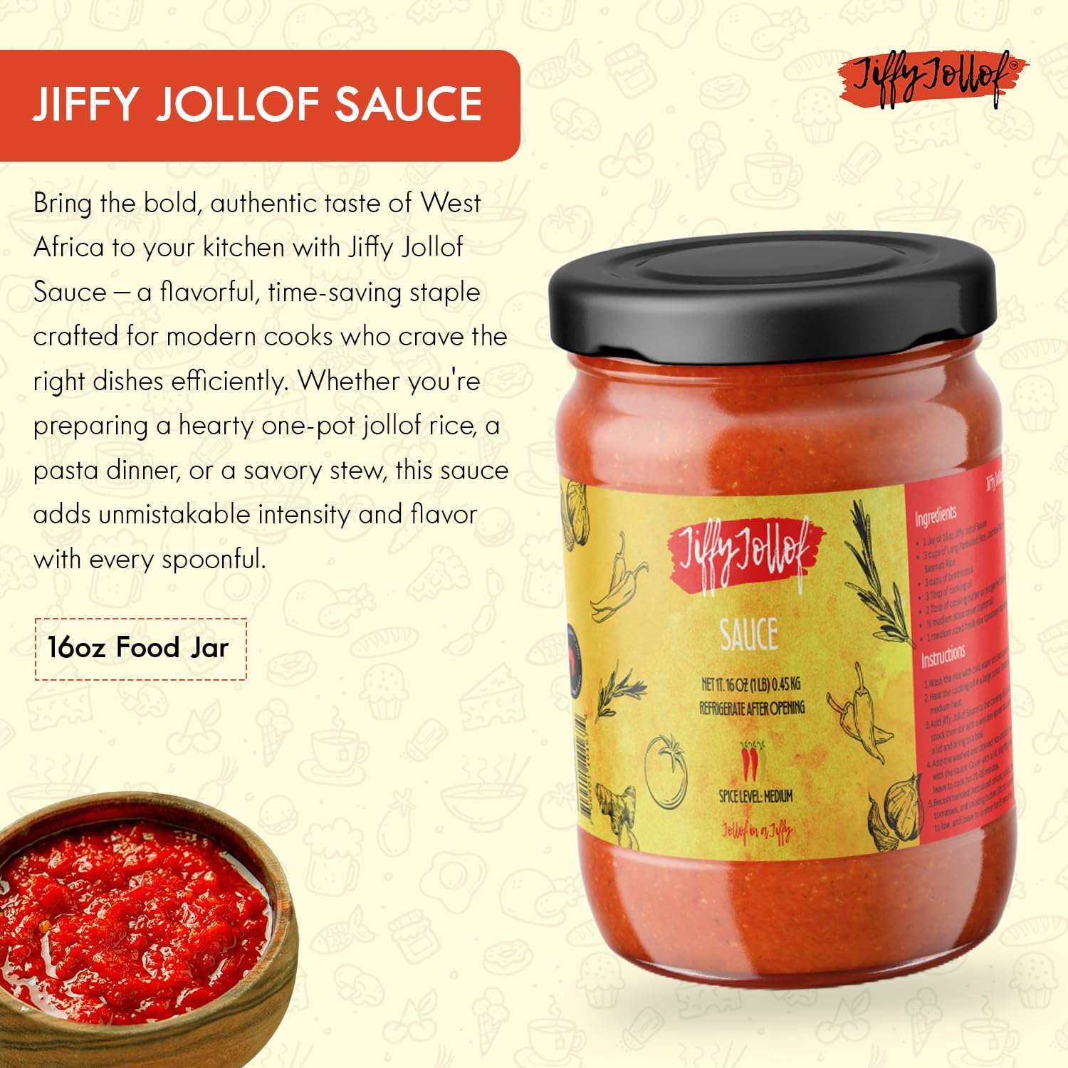Jiffy Jollof Sauce, Authentic Nigerian Tomato Pepper Blend for One-Pot Meals, Spicy Pasta, Roasted Bell Pepper Stew, Hot Cooking Sauce, 16oz Food Jar