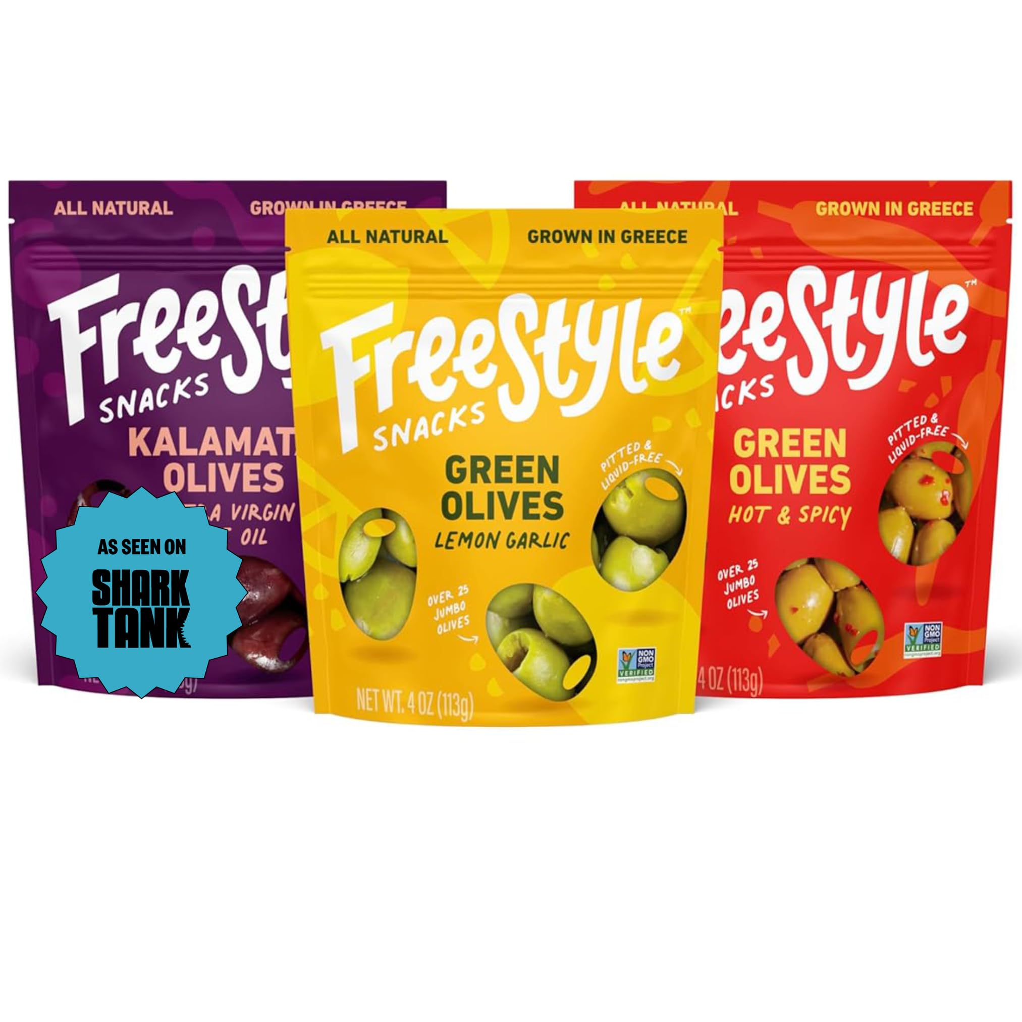 Freestyle Snacks Olive Snack Packs - As Seen on Shark Tank - Fresh Pitted Kalamata & Green Olives, Grown in Greece, Salty Snack, All Natural, Non-GMO