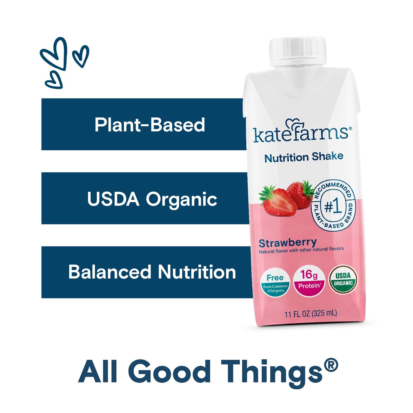 KATE FARMS Organic Nutrition Shake, Strawberry, 16g Protein, 27 Vitamins and Minerals, Meal Replacement, 11 oz (6 Pack)