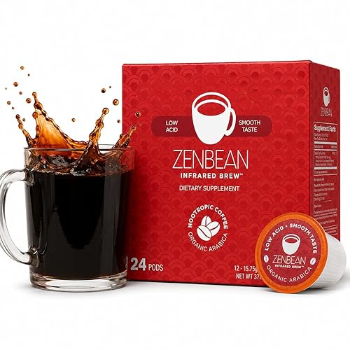 Zenbean Infrared Brew - 24 Low Acid Coffee Pods, Nootropic Coffee Capsules with Rhodiola Rosea, K-Cup Compatible with Capsule Machines, Balanced