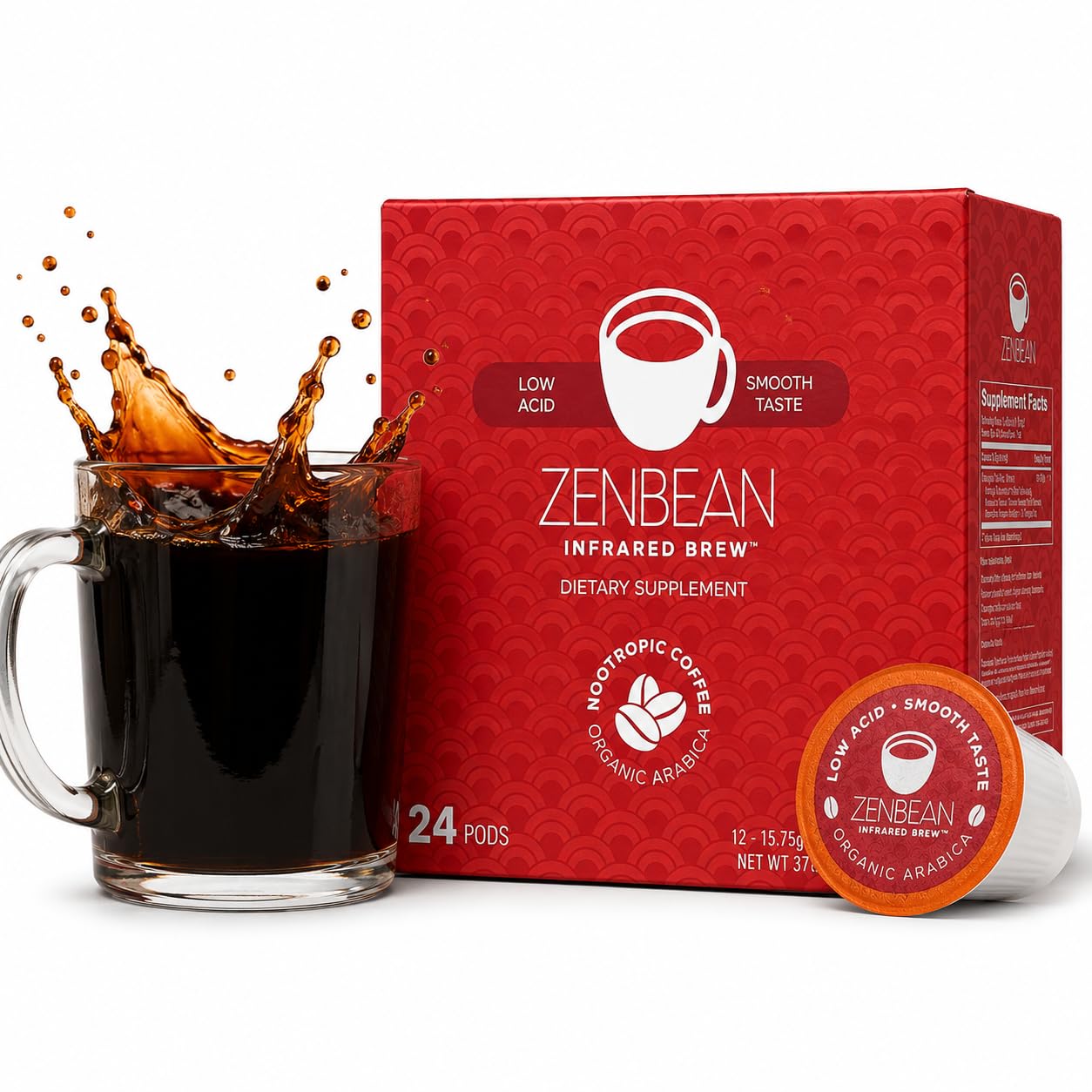 Zenbean Infrared Brew - 24 Low Acid Coffee Pods, Nootropic Coffee Capsules with Rhodiola Rosea, K-Cup Compatible with Capsule Machines, Balanced