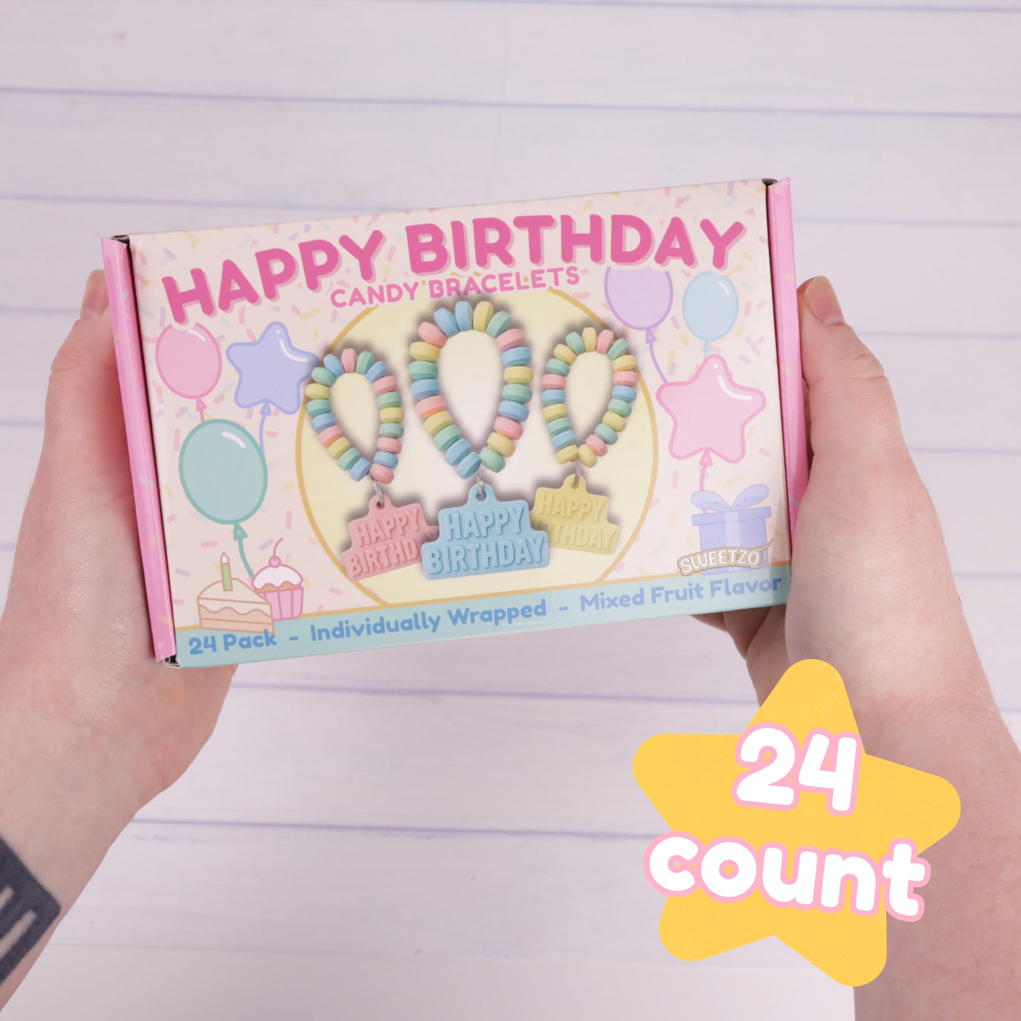 Happy Birthday Candy Bracelets, Individually Wrapped Bulk Party Favors, 24 Pieces Inside, 10.16 Ounces