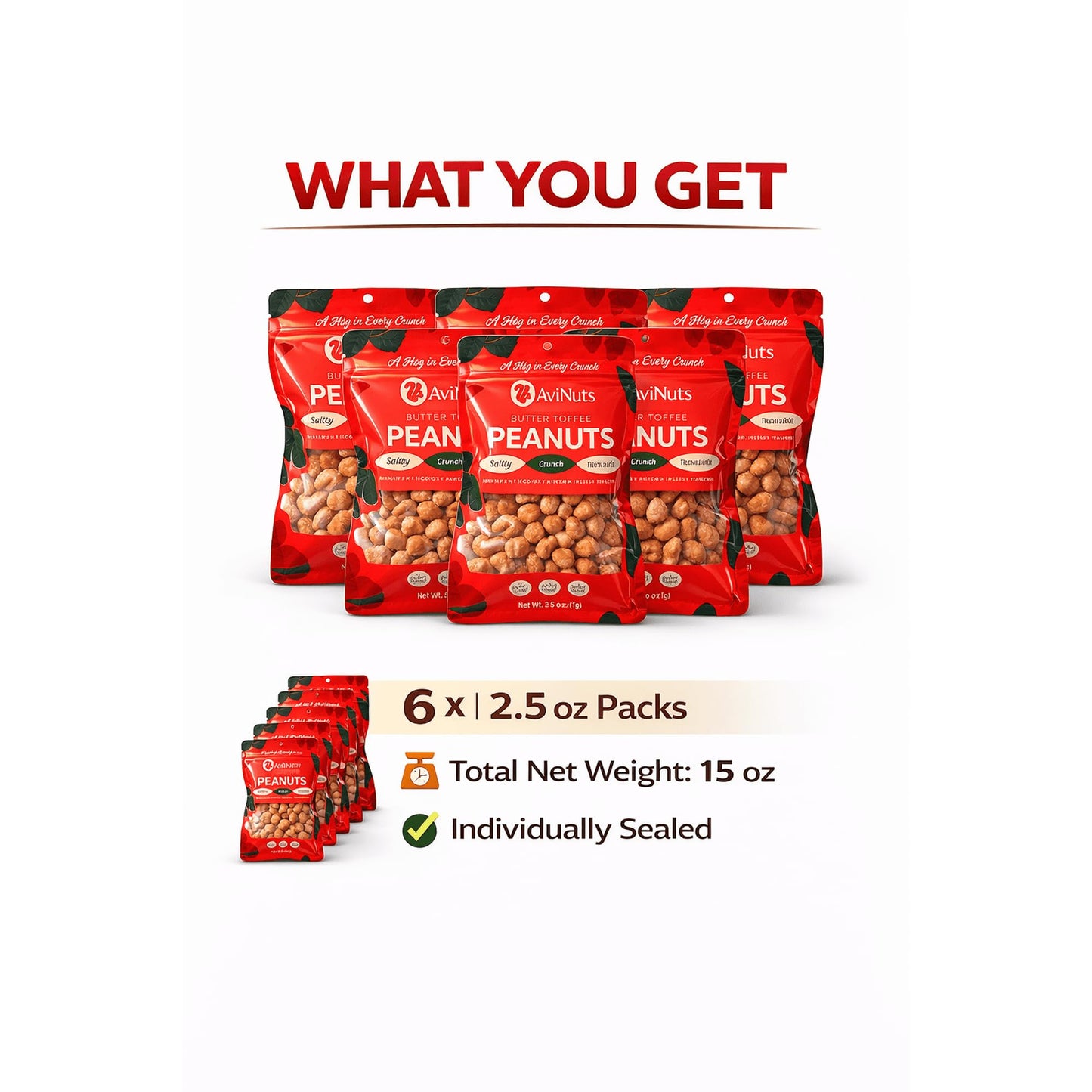 AviNuts Butter Toffee Peanuts, Sweet & Salty Toffee Coated Whole Peanuts, Single Serve Snack Bags, 2.5 oz (Pack of 6)