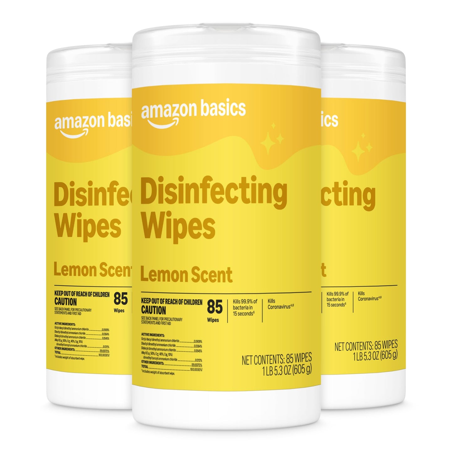 Amazon Basics Disinfecting Wipes, Lemon Scent, for Sanitizing, Cleaning & Deodorizing, 255 Count (3 Packs of 85), Packaging May Vary
