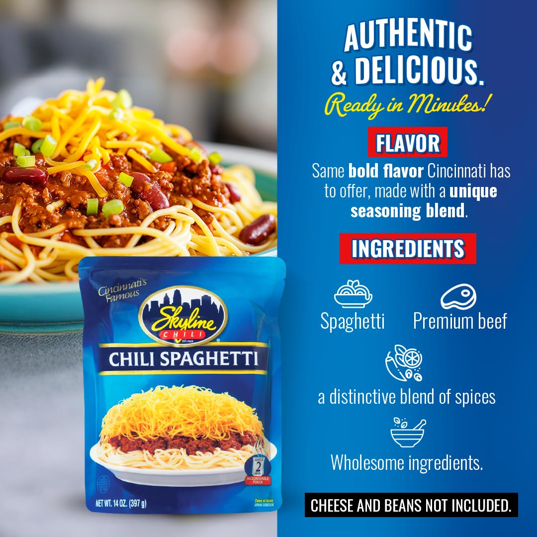 Skyline Chili & Spaghetti - Cincinnati Style - Authentic Recipe in Microwavable Pouches, Ideal for Cheese Coneys & Hot Dogs - Classic Flavor, Easy