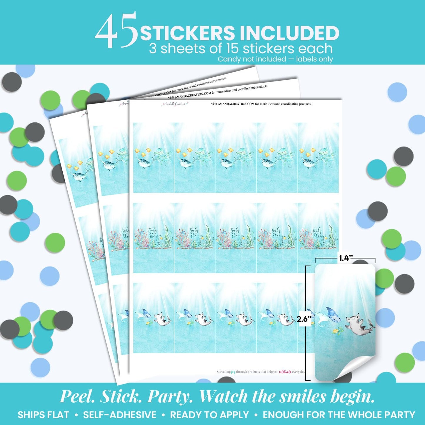 Amanda Creation Underwater Cute Sea Life Baby Sprinkle Baby Shower Mini Chocolate Candy Bar Sticker Wrappers, 45 1.4" x 2.6" Wrap Around Labels, Great