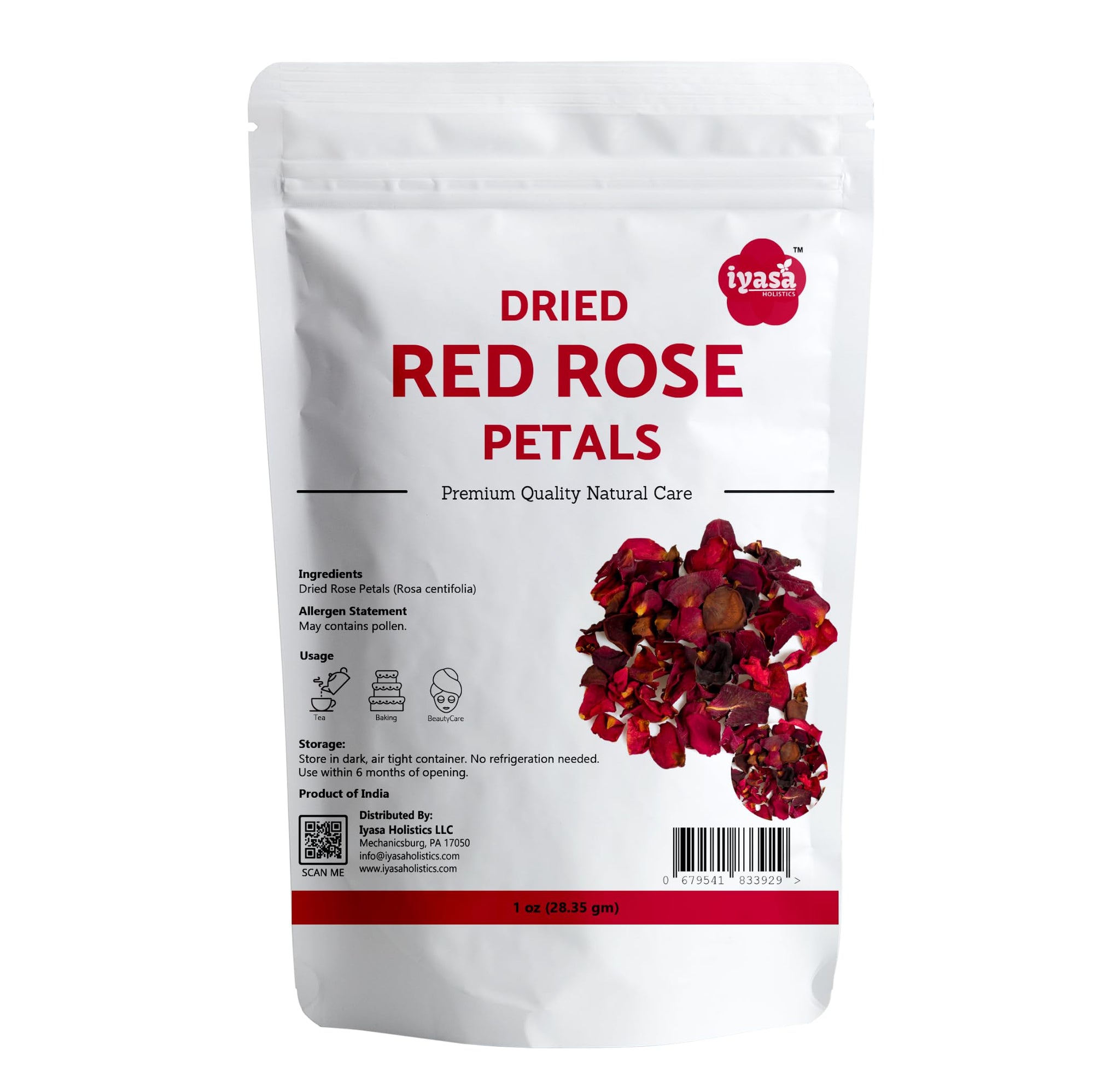 Iyasa Holistics Dried Rose Petals 1 oz - Food Grade Dried Rose Petals for Tea, Soap Making, Cocktails, Baking, Skincare & DIY - Chemical Free Edible
