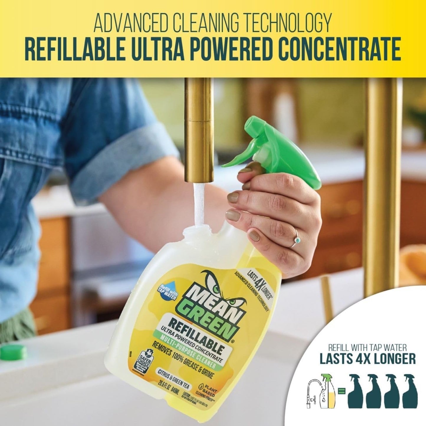 Mean Green Refillable Ultra Powered Multi-Purpose Cleaner Concentrate, Citrus & Green Tea, 14.3 fl oz - Plant & Mineral Based, Cuts Through Grease