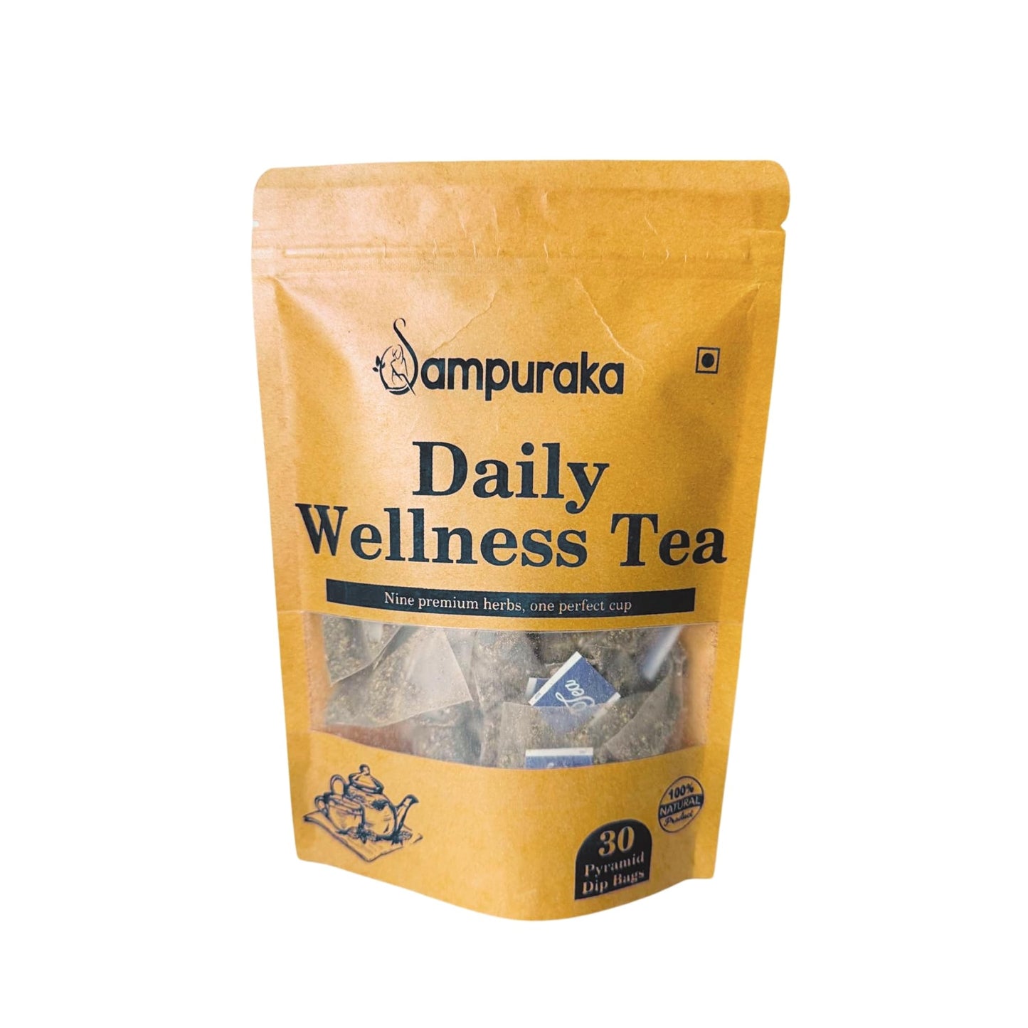 Sampuraka Daily Wellness Tea - Herbal Tea for Immunity & Relaxation Support with Turmeric, Ashwagandha, Ginger | Organic, Caffeine-Free (30 Tea Bags)