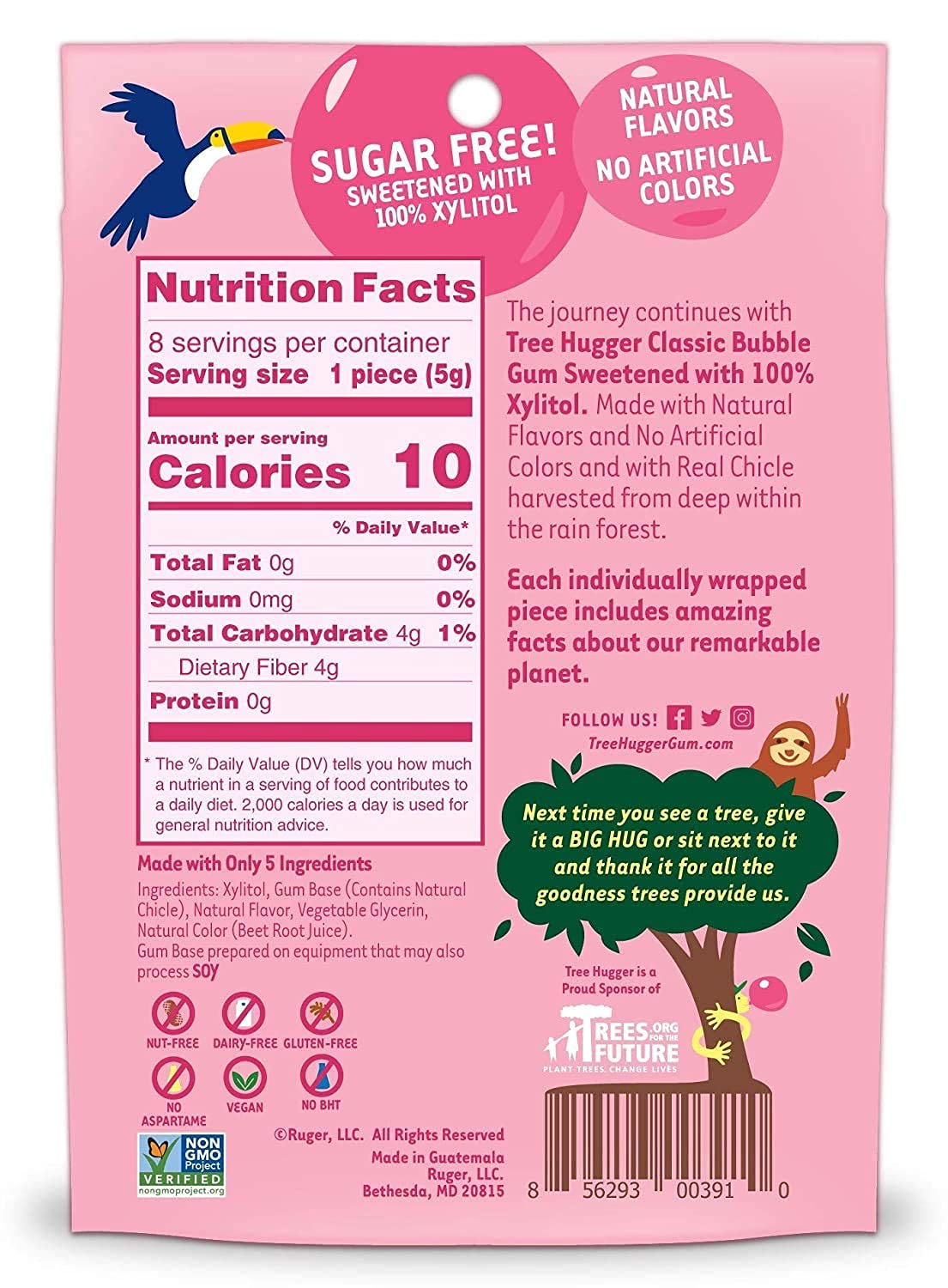 Tree Hugger Classic Bubble Gum Sweetened with 100% Tooth Friendly Xylitol, 1.4 oz /8 Pieces Per Bag (Pack of 3 Bags)
