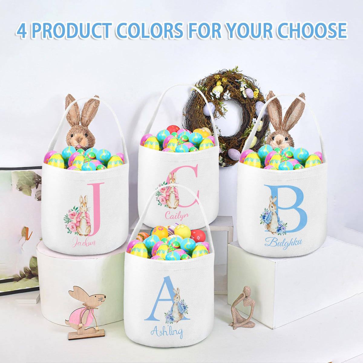 Custom Easter Basket with Name Personalized Printed Easter Baskets Customized Bunny Easter Basket Great Easter Gifts for Kids Girls Boys (Color04)