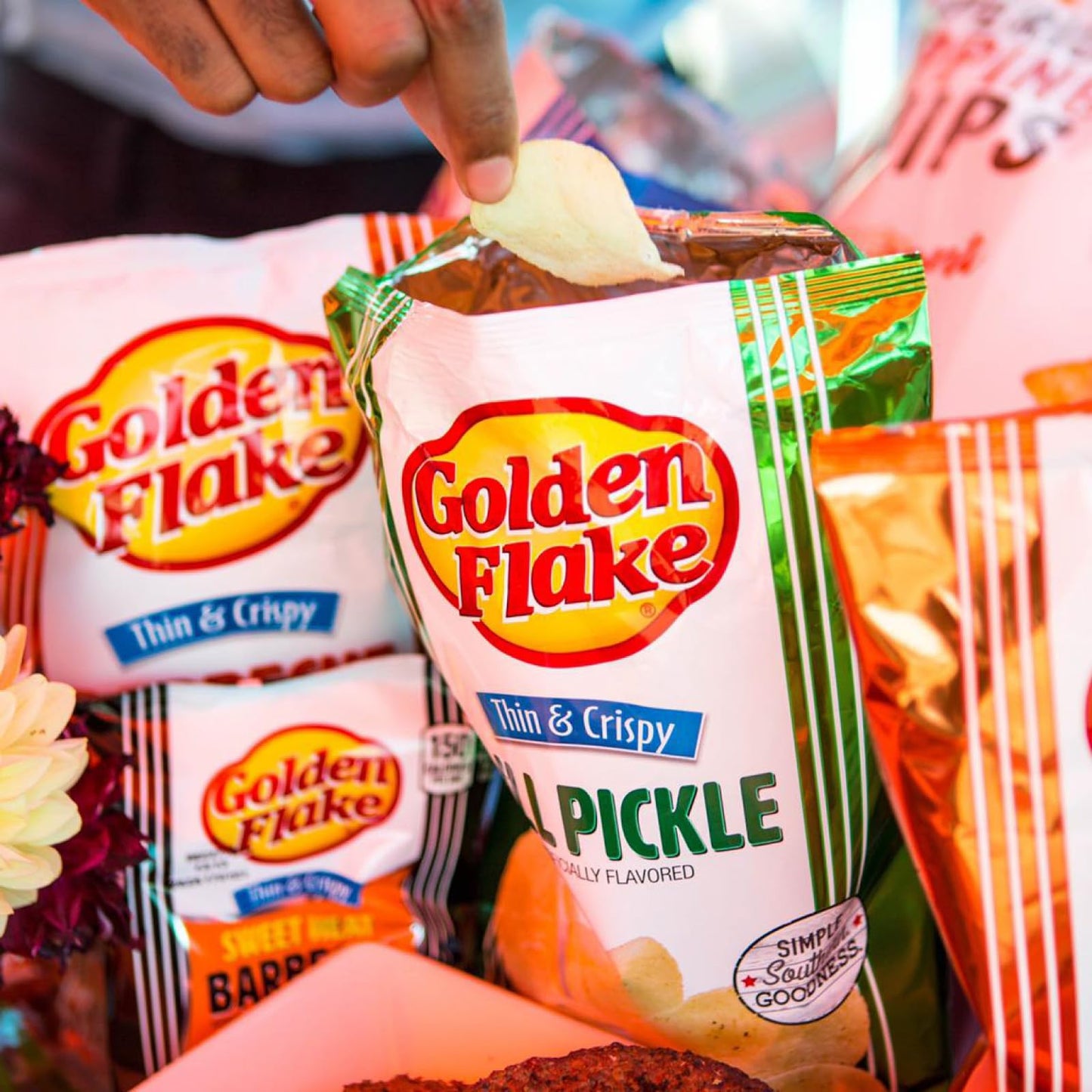 Golden Flake Classic Mix Variety Pack, 18 ct, 1oz. Bags; Thin & Crispy Sweet Heat BBQ (4), Cheese Puffs (4), Thin & Crispy Dill Pickle (4), Thin