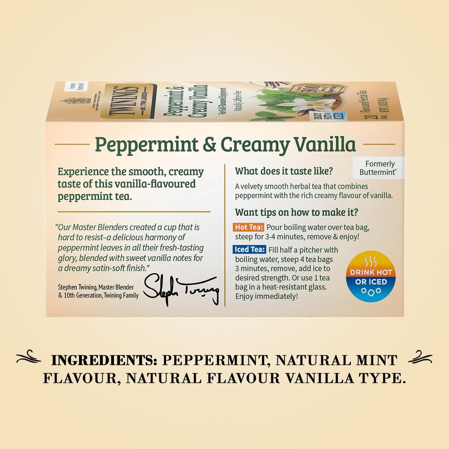 Twinings Peppermint & Creamy Vanilla Tea - A Crisp, Balanced Herbal Tea, Formerly Buttermint, Naturally Caffeine-Free Tea Bags, Individually Wrapped