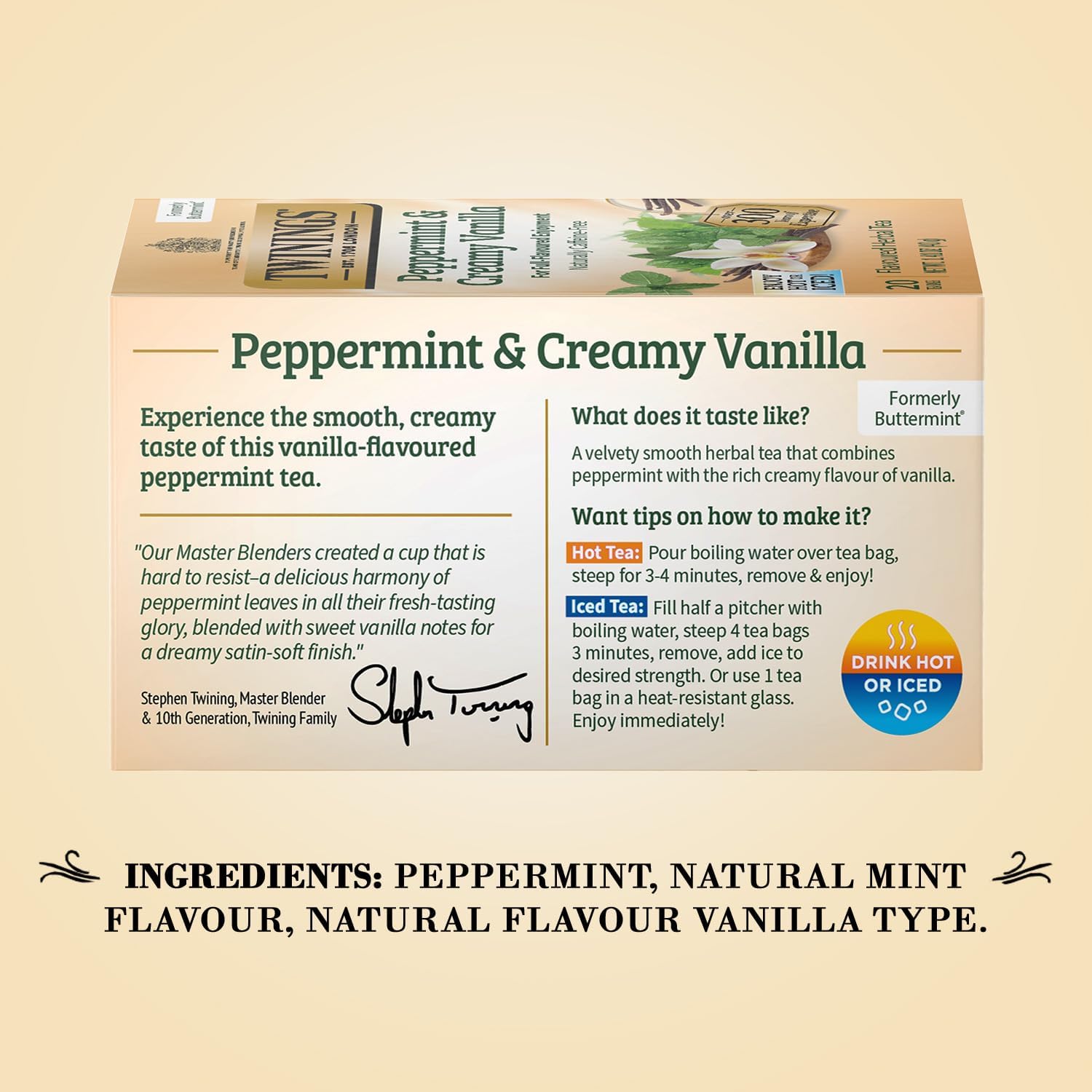 Twinings Peppermint & Creamy Vanilla Tea - A Crisp, Balanced Herbal Tea, Formerly Buttermint, Naturally Caffeine-Free Tea Bags, Individually Wrapped