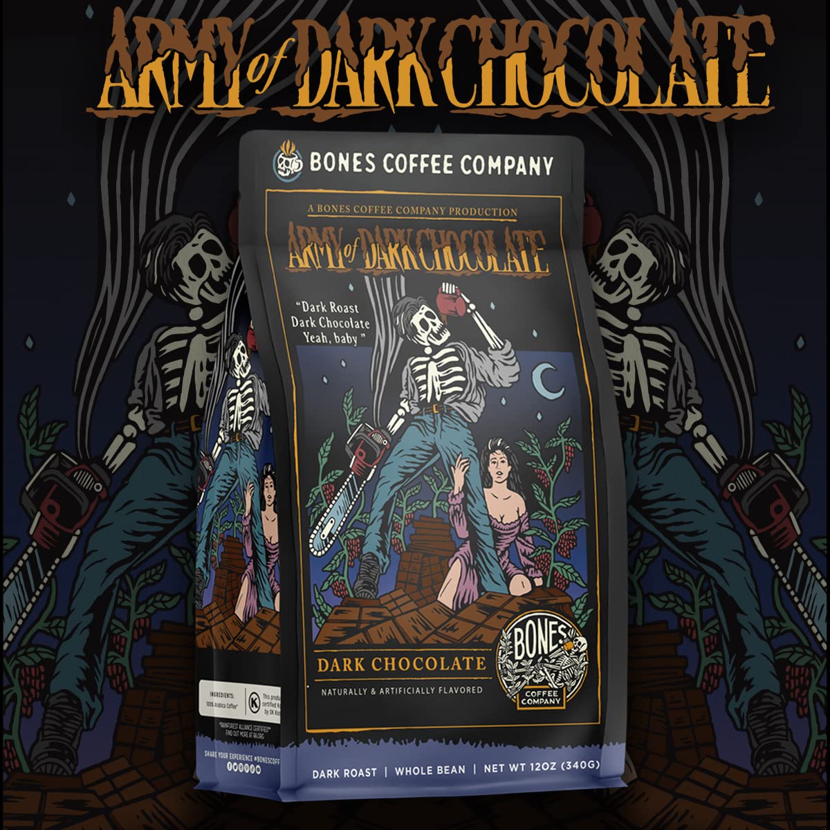 Bones Coffee Company Army of the Dark Chocolate Flavored Coffee, Medium Roast Low Acid Arabica Beans Compatible with Auto drip and French Press Coffee