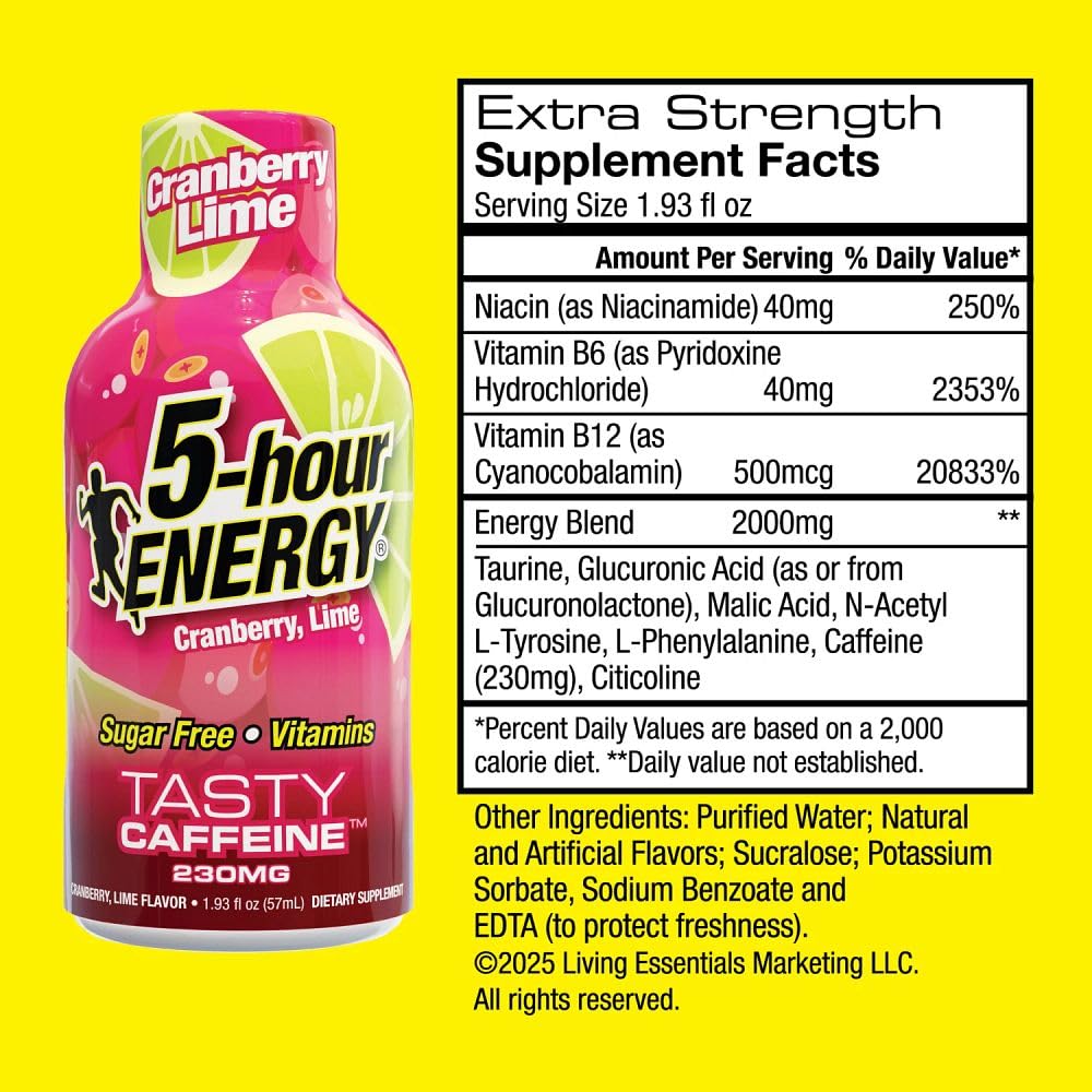 5-hour ENERGY CRANBERRY LIME Flavor, 6 Count, 1.93 Fl Oz Energy Shot, Extra Strength, Sugar Free