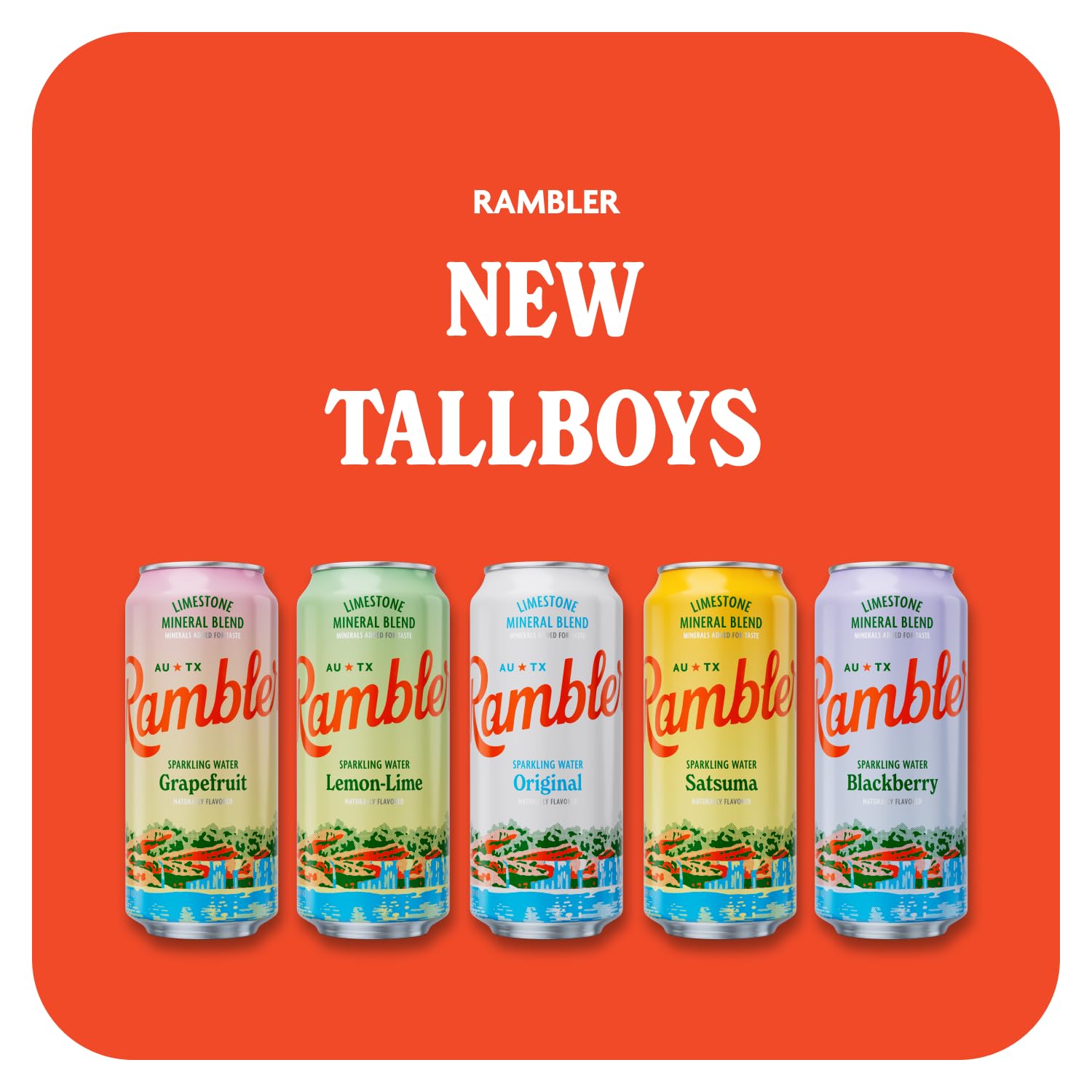 AUTX RAMBLER Sparkling Water, Texas Limestone Mineral Blend, Original Natural Flavor, 16-Ounce Tallboy Cans, 12-Pack
