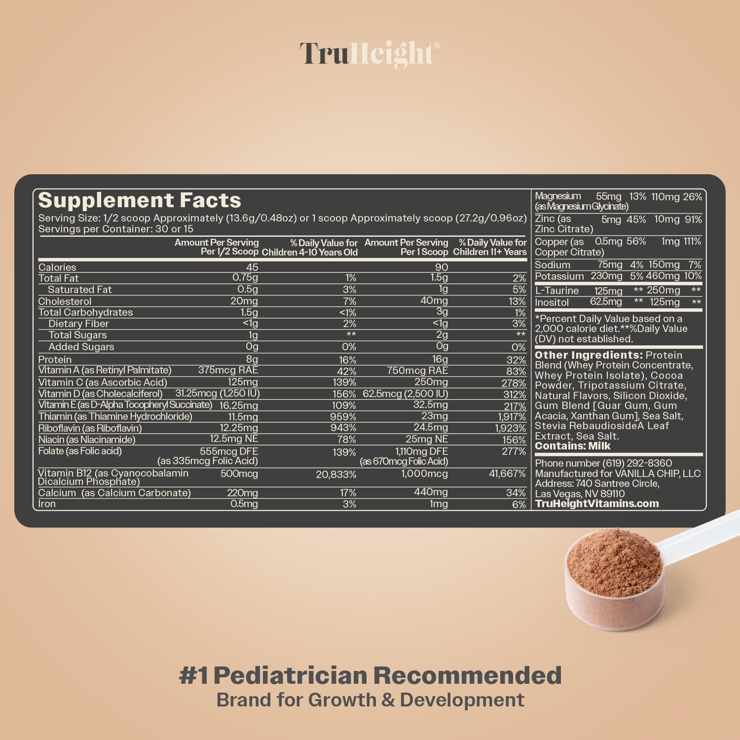 TruHeight Growth Protein Shake (Chocolate Milk Flavor, Whey) Tall Nutrition for Natural Growth & Development - Protein Powder for Kids & Teens, Weight