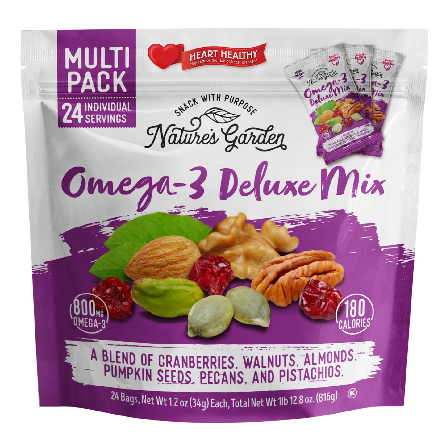 Nature's Garden Omega 3 Deluxe Mix - Trail Mix Nuts, Heart Healthy, Gluten Free, Cholesterol Free, Sodium Free, No Artificial Ingredients - 1.2 oz