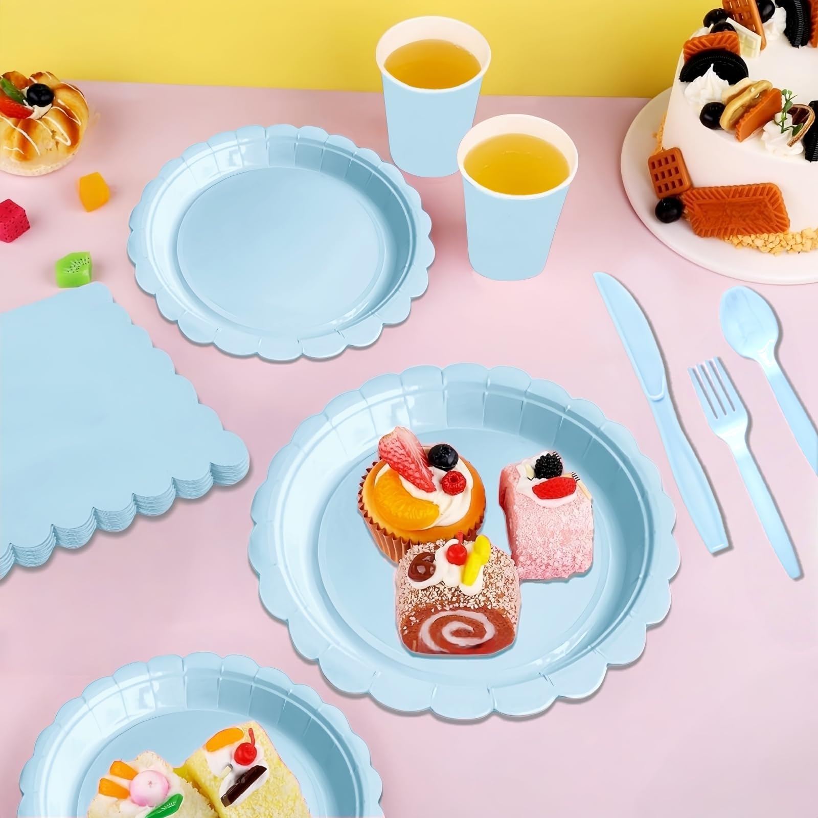175 Pcs Blue Party Paper Plates and Cups Napkins Sets, Disposable Plates Party Supplies Includes Scalloped Plates and Napkins, Cups Plastic Spoons