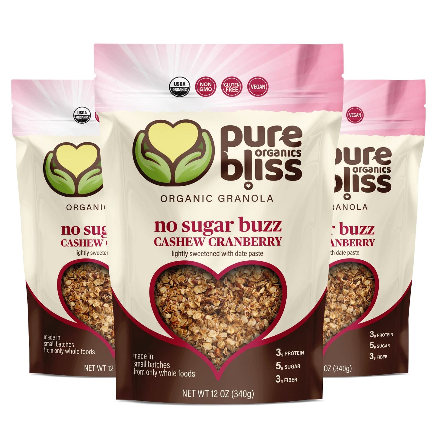 Pure Bliss Organics NO SUGAR BUZZ CASHEW CRANBERRY GRANOLA, Certified Organic and Gluten Free, Vegan, Non GMO, Low Glycemic, Low Sugar Alternative