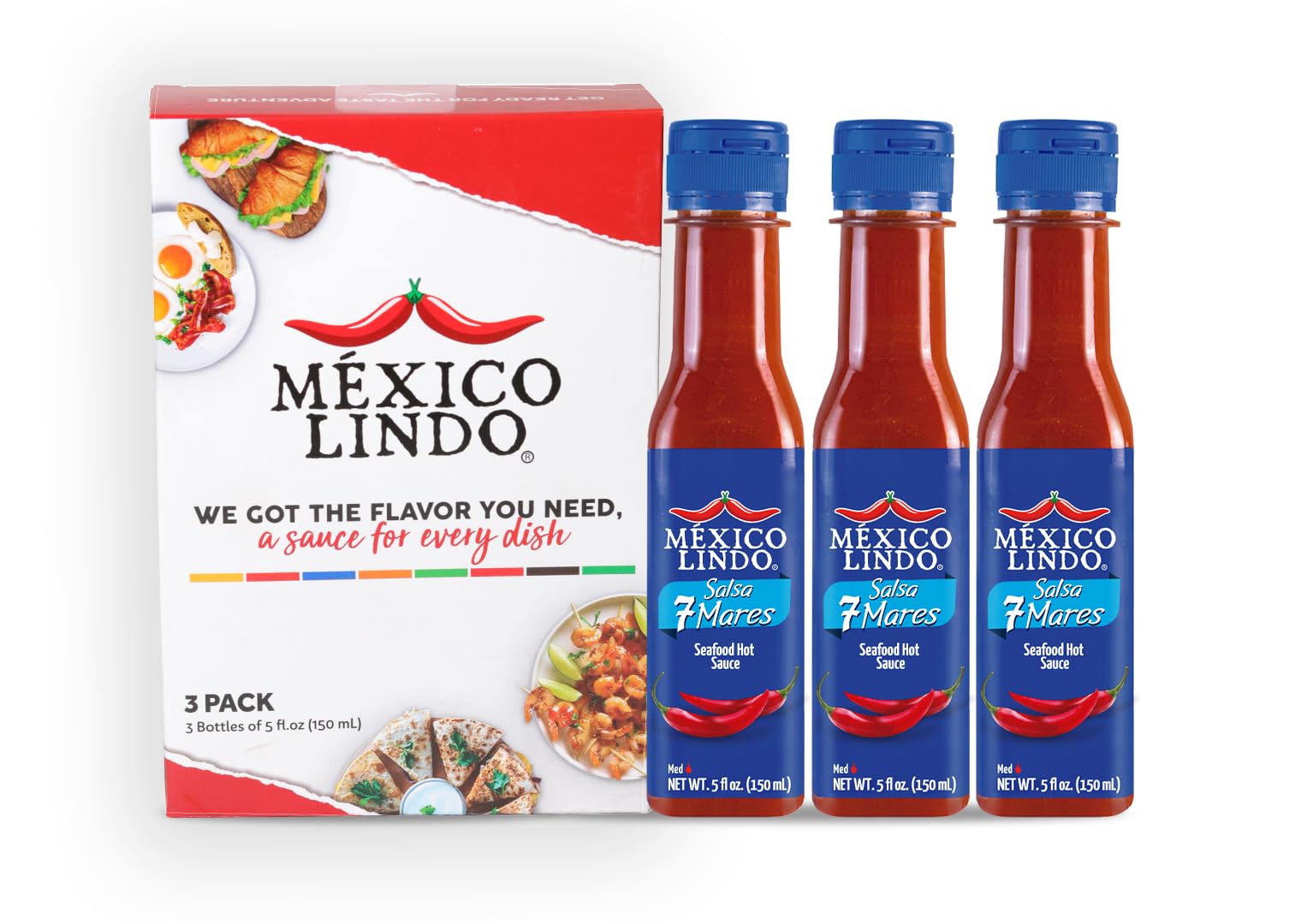 Mexico Lindo 7 Mares Hot Sauce | Perfect for Fish & Seafood | 10,800 Scoville Level | Spicy Flavor | 5 Fl Oz Bottles (Pack of 3)