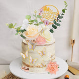 28pcs Flower Cake Topper 3D Butterfly Acrylic Happy Birthday Cake Toppers Artificial Carnation Rose Flowers Eucalyptus Leaves Cake Decorations
