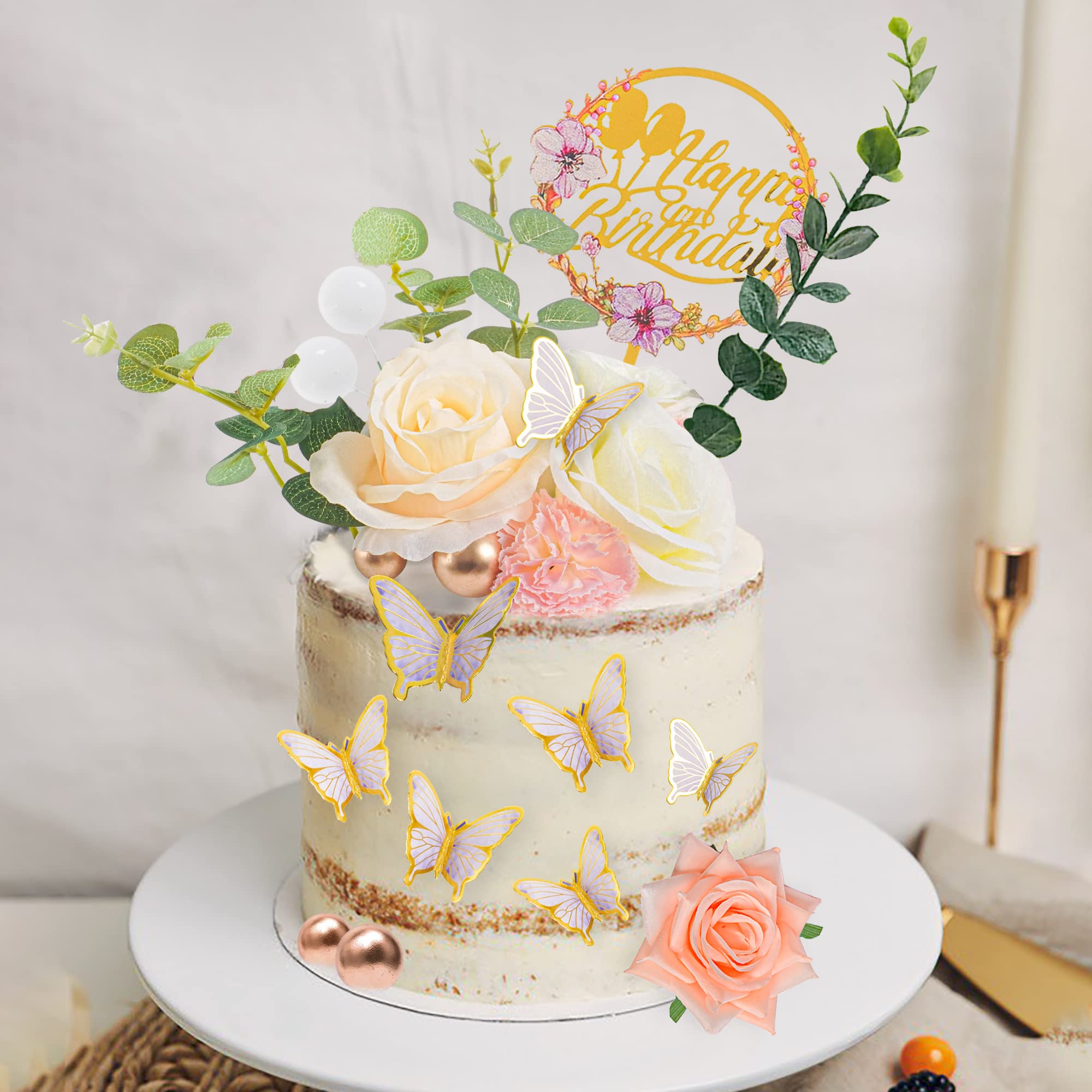 28pcs Flower Cake Topper 3D Butterfly Acrylic Happy Birthday Cake Toppers Artificial Carnation Rose Flowers Eucalyptus Leaves Cake Decorations