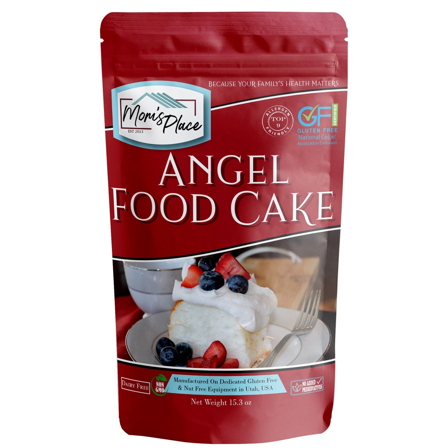 Mom's Place Gluten-Free Angel Food Cake Mix, Easy to Make, Nut Free, Dairy Free & Soy Free, 12 Servings,15.3 oz.